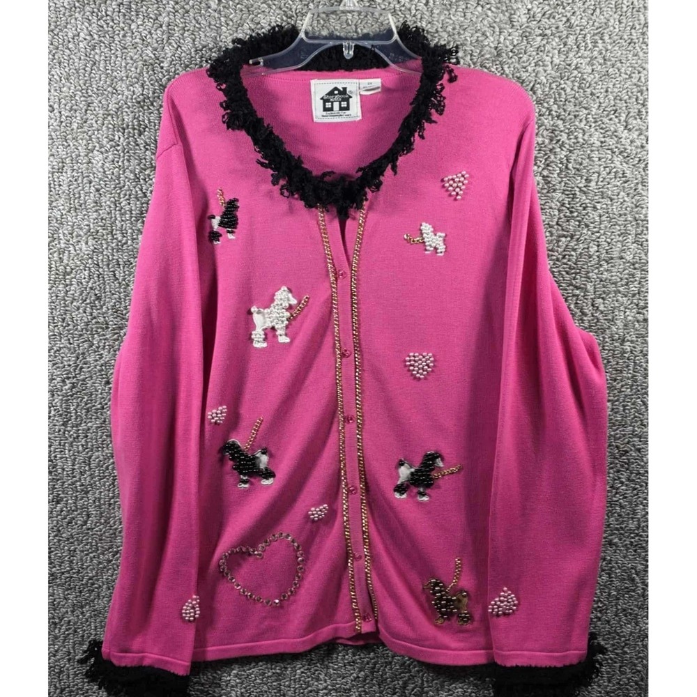 Storybook Knits Cardigan Sweater Pink‎ Dog Poodle Heart Beaded Womens 2X